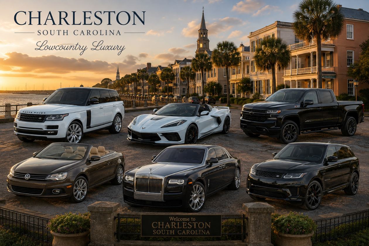 Luxury cars parked along the Charleston waterfront at sunset